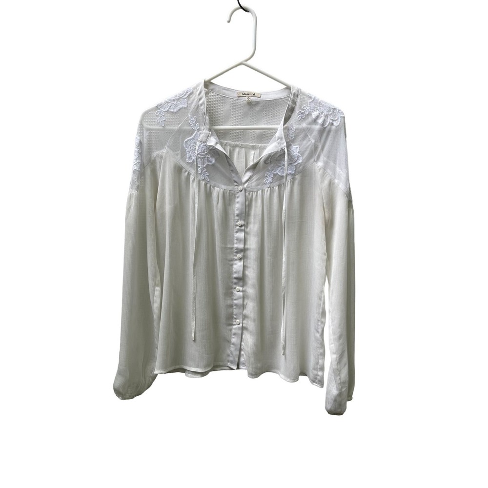 Bleuh Ciel white floral embroidered sheer button front blouse size Medium